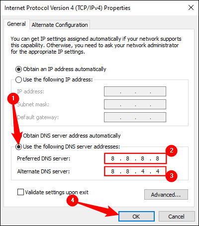 Selecione "Usar os seguintes endereços de servidor DNS" e digite os IPs do servidor DNS.  Clique em "OK" para salvar.