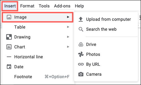 Clique em Inserir, Imagem no Google Docs