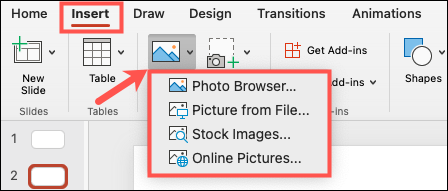 Inserir opções de imagem no PowerPoint no Mac