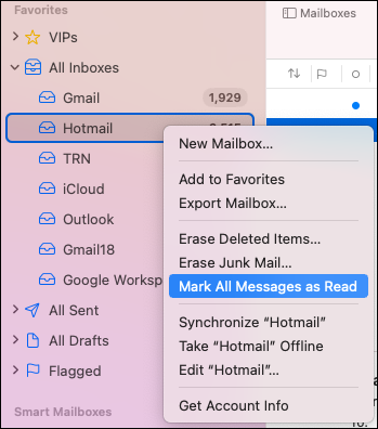 Caixa de correio selecionada para marcar todos os emails como lidos no Mac