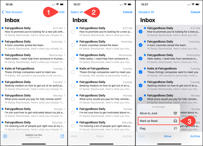 Selecione todos os e-mails para marcar como lidos no iPhone