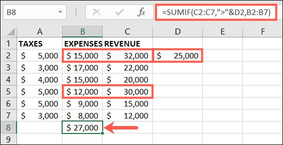 SUMIF usando maior que uma célula