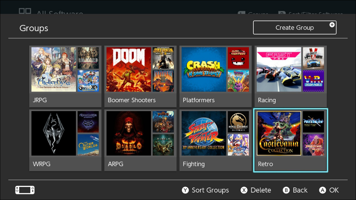 Exemplo de grupos do Nintendo Switch