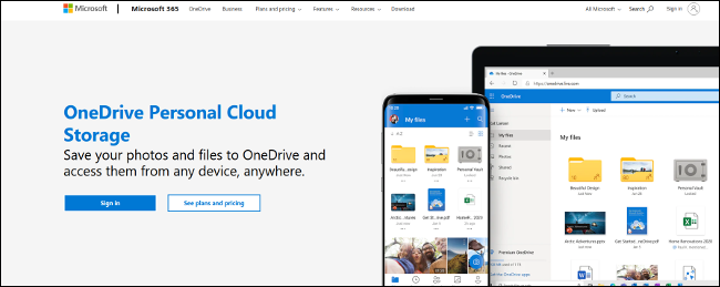 Página inicial do OneDrive