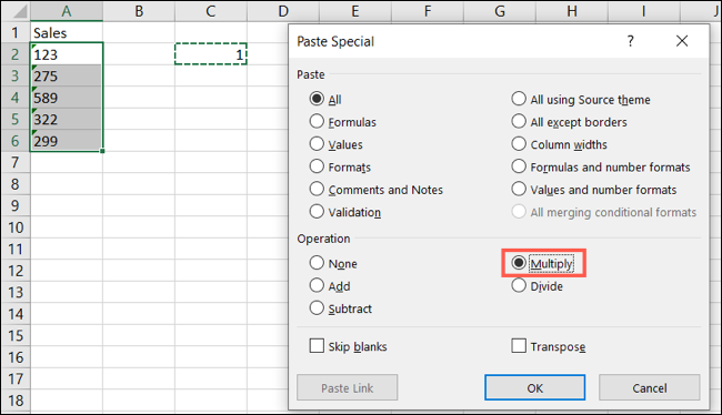 Multiplicar no Colar Operações especiais