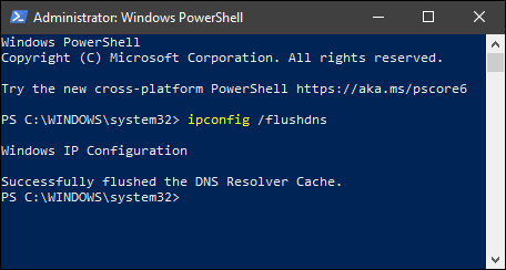 Mostra a mensagem "A configuração de IP do Windows liberou com êxito o cache do resolvedor de DNS".  em powershell