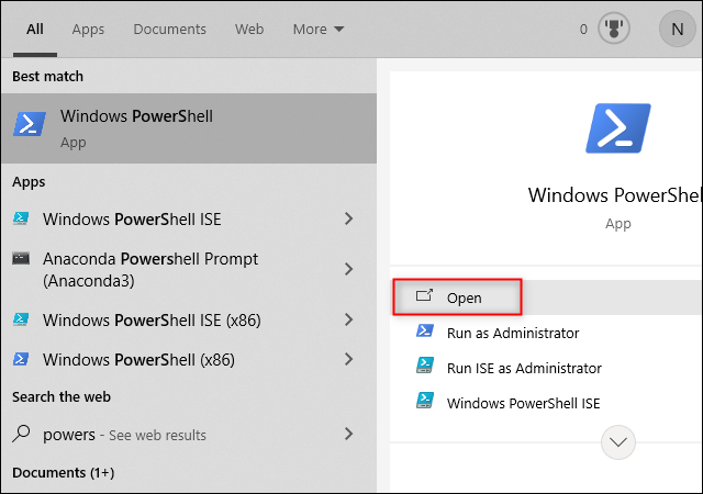 powershell pesquisado no menu iniciar, mostra aberto destacado no lado direito do menu iniciar