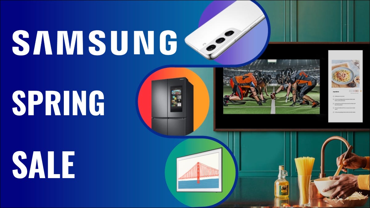 Gráfico Samsung Spring Sale com um telefone Samsung, geladeira e televisão
