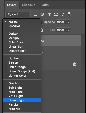 Menu do modo de mesclagem no Photoshop com o modo de mesclagem Linear Light selecionado em azul.