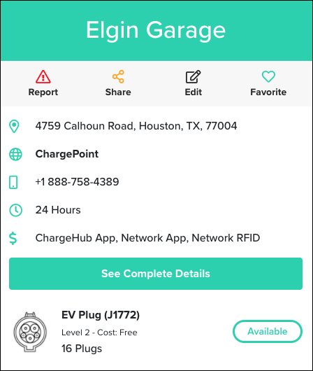 Exemplo de visão geral de uma estação de carregamento de VE em Houston, do Chargehub.