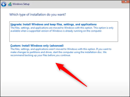 Selecione a opção para fazer uma nova instalação do Windows.