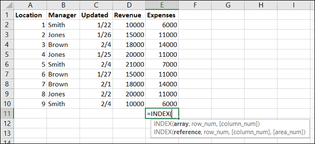 Formas de função INDEX no Excel