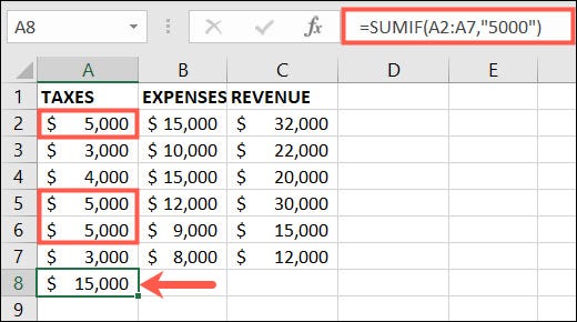 SUMIF usando igual para um único intervalo de células