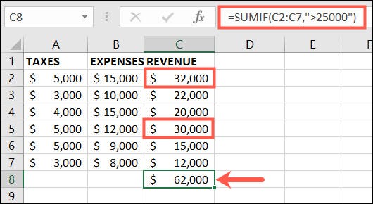 SUMIF usando maior que para um único intervalo de células