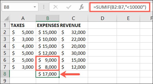 SUMIF usando menos do que para um único intervalo de células