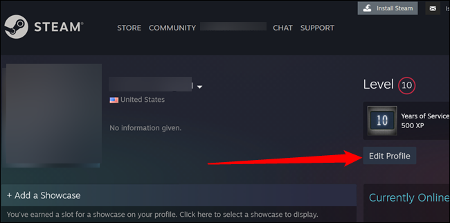 Página de perfil no site do Steam.  Clique em "Editar perfil".
