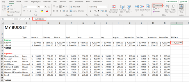 Botão AutoSoma no Excel
