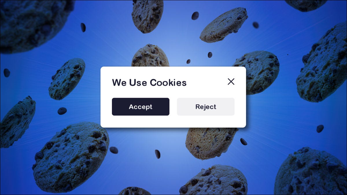 Uma caixa de diálogo "Aceitar cookies" sobre um campo de cookies voadores