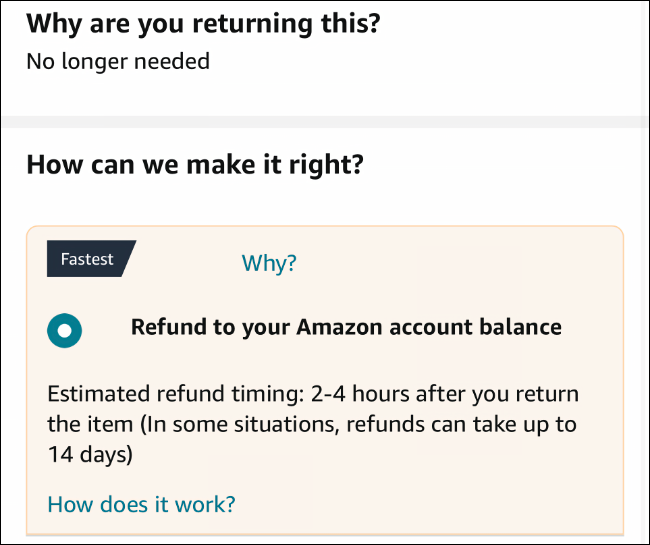 Escolhendo como receber um reembolso da Amazon