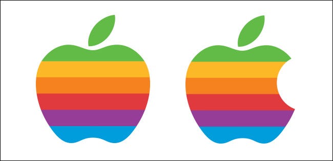 Um logotipo inicial não oficial da Apple modificado sem uma marca de mordida e o logotipo real ao lado dele