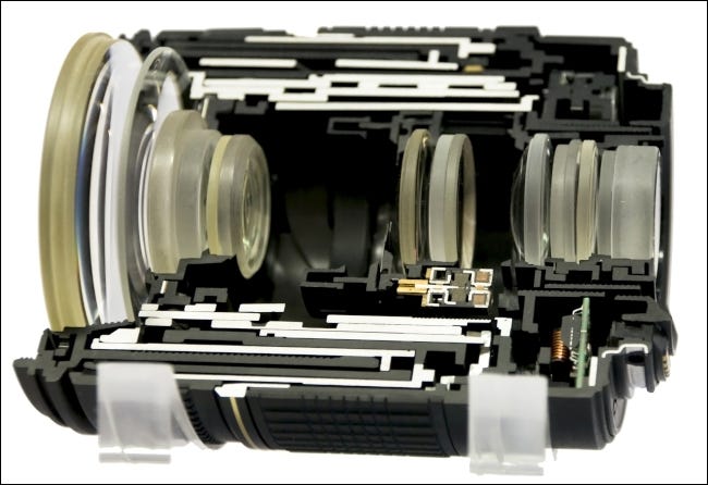Um conjunto de lentes de câmera corta o diâmetro para expor a anatomia.