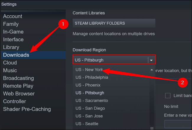 Vá para a página "Downloads", clique no menu suspenso e selecione um novo servidor de download.