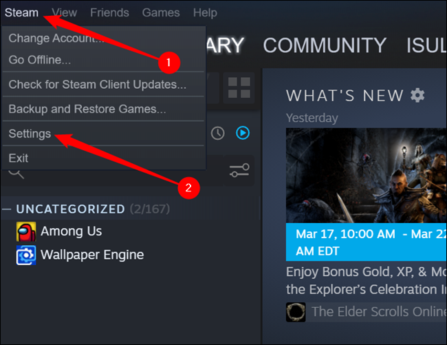 Clique em “Steam” e clique em “Configurações”.