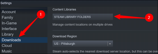 Clique em "Downloads" no lado esquerdo e clique em "Pastas da Biblioteca Steam".