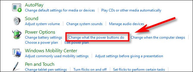 No Painel de Controle, clique em "Alterar a função dos botões de energia".