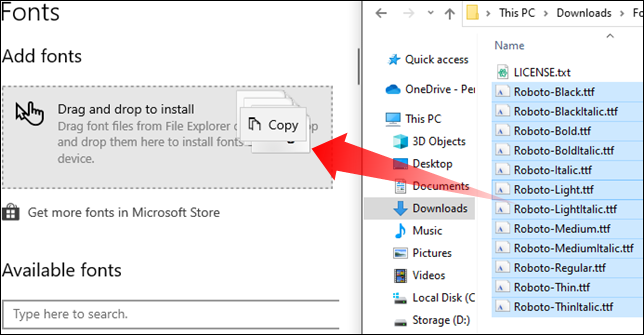 Click any of the selected fonts, and drag it to the box that says "Drag and Drop to Install."