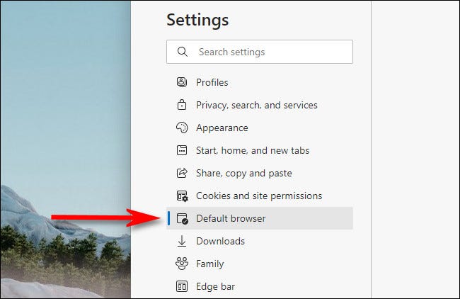 Nas configurações do Edge, clique em "Navegador padrão".