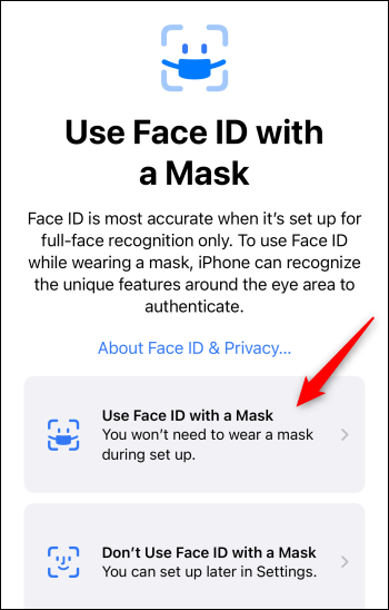Selecione "Usar Face ID com uma máscara".