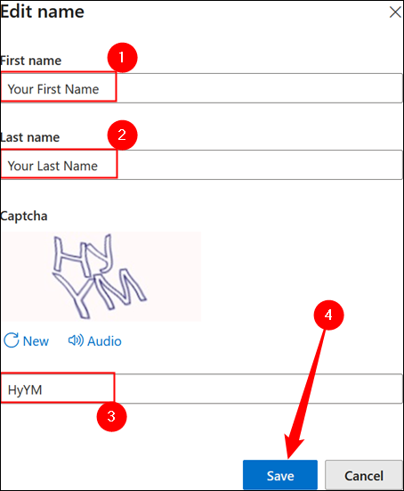 Preencha seu nome e captcha;  em seguida, clique em "Salvar".