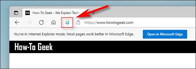 No Edge, o logotipo do IE será exibido na barra de endereços no modo IE.
