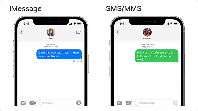 Bolhas azuis para iMessage, bolhas verdes para SMS ou MMS