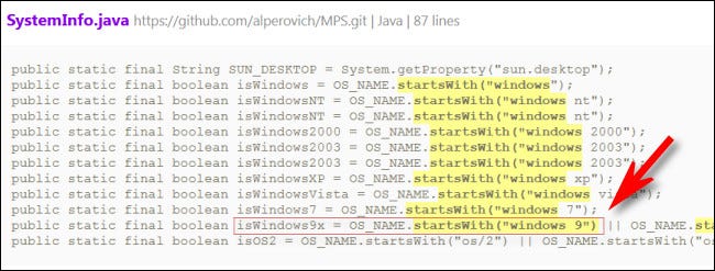 Exemplo de código Java que confundiria o Windows 9 com o Windows 9x.