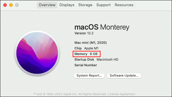 quantidade de RAM instalada no macOS Monterey
