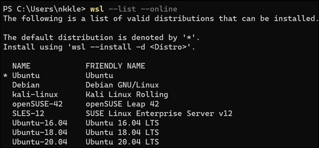 Lista do PowerShell de distribuições linux disponíveis,