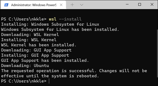 PowerShell instalando o subsistema,