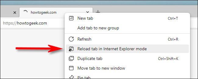 Clique com o botão direito do mouse na guia e clique em "Recarregar guia no modo Internet Explorer".