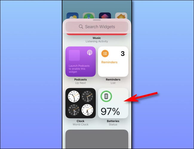Selecione o widget "Baterias" no iPhone.