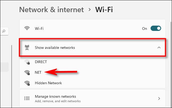 Expanda "Mostrar Redes Disponíveis" e clique no nome da rede.