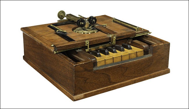 O modelo de patente de máquina de escrever Sholes, Glidden e Soule de 1868.