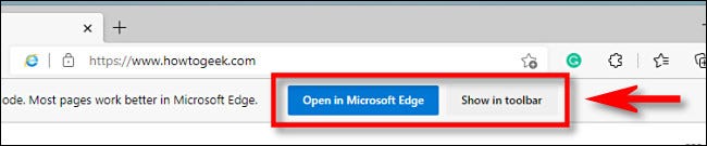 Clique em “Abrir no Microsoft Edge” ou “Mostrar na barra de ferramentas”.