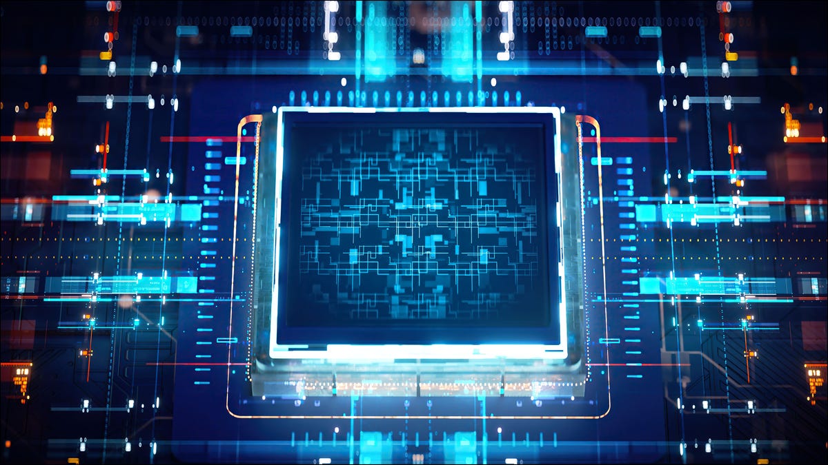 Uma renderização estilizada representando um chip digital.