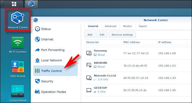 Na interface do roteador Synology, clique em “Centro de Rede” e depois em “Controle de Tráfego”.