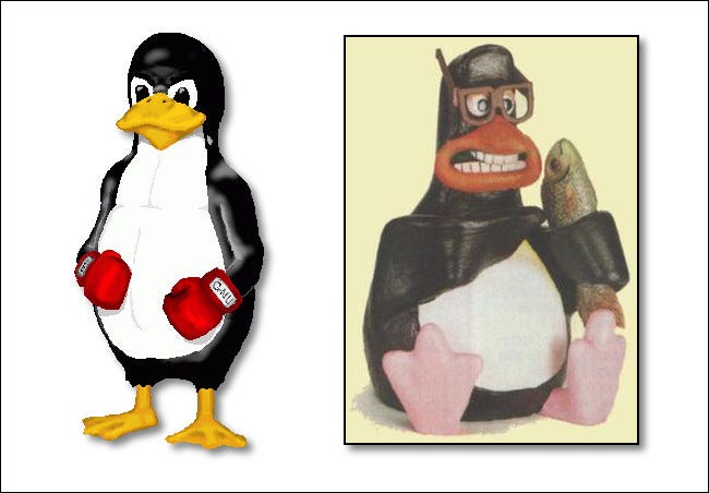 Imagem de um antigo Tux de Larry Ewing e um pinguim da Aardman Animations que inspirou o Tux final