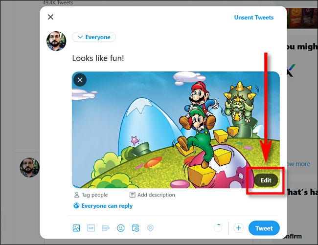 No Twitter, clique em "Editar" no canto da miniatura da imagem.