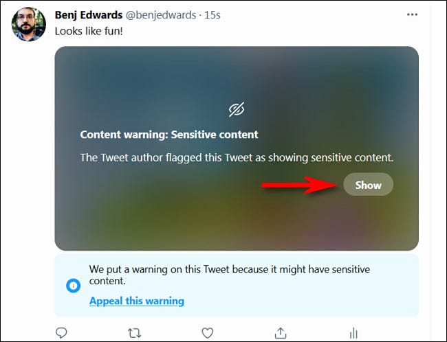 Clique em "Mostrar" para ver conteúdo sensível no Twitter.
