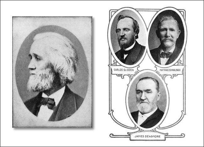 Retratos fotográficos dos inventores da máquina de escrever: CL Sholes, Carlos Glidden, Matthais Schwalbach e James Densmore